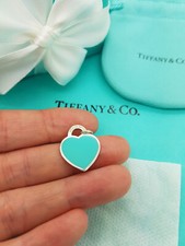 Return to Tiffany & Co. Silver Small Blue Enamel Heart Tag Charm Pendant