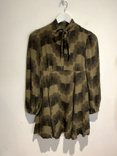 Orla Kiely Blouse Womens UK 6 mini dress retro Floral pussy bow silk brown khaki