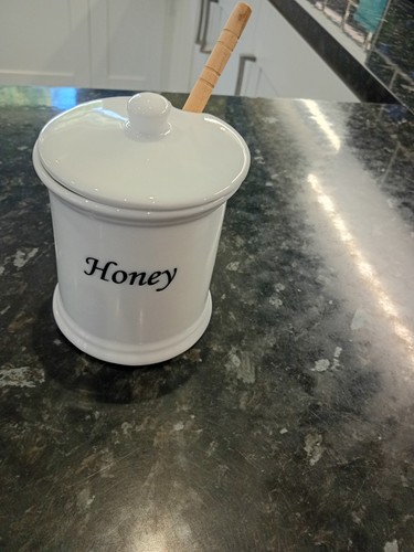 White ceramic honey pot - &, lid