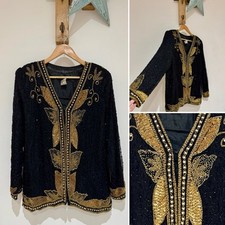 New Vintage Black Gold Embellished Beaded Pearl Butterfly Evening Dress Jacket L