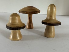 3 Assorted Hand Turned Wooden Decorative Mushrooms Height 9cm 8cm And 7cm