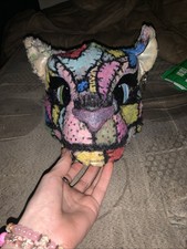 Patchwork Rainbow Furred Dino Mask, Ear Detail, Mesh Eyes