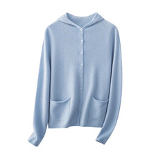 Women's High-End Wool and Cashmere Knit Cardigan - Blue- Size M