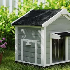 Outdoor Wooden Dog Kennel with Roof, Raised Base & Door Curtain, Grey