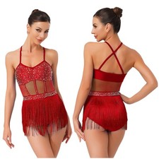 Women's Sparkly Rhinestone Latin Jazz Dance Dress Fringe Leotard Dance Costume