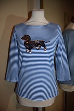 Joules Harbour Jersey Top Sequin Dachshund Sausage Dog 8 Blue White Striped VGC