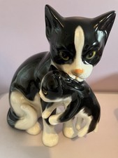 Beautiful Ceramic Black/White Cat Holding Kitten. Made In Italy . VGC