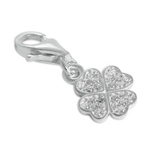 CZ Crystal Encrusted Sterling Silver Lucky 4 Leaf Clover Clip on Charm Shamrock