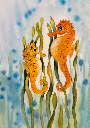 Seahorses original watercolor - seahorses,