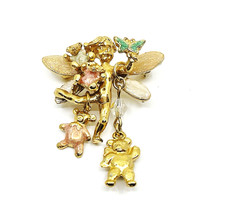 Kirks Folly Goldtone & Enamel Fairy & Teddy Bears Brooch. Signed.