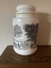 Vintage Milk Glass Storage Jar Airtight Lid Countryside Scenes 7.5" Tall