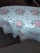 Large Tablecloth Round - White with Flowers - 60 Inch Diameter. Good Condition 