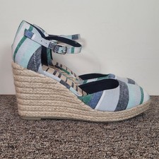 Marks And Spencer Wedge Heel Espadrille Shoes Almond Toe Blue Green Stripe Sz 5