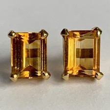 18ct Gold Citrine Earrings Studs Emerald Cut 2.00ct Hallmarked 750 No Backs