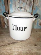 Vintage Enamel White & Black Flour Tin Storage Jar Kitchenallia 1940s Era