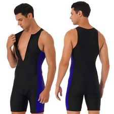 Mens One Piece Swimsuit Short Jumpsuit Unitard Front Zipper Bathing Suit UPF50+