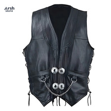 Black Leather Biker Vest with