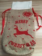 Christmas Bottle Bag -  approx 35 cm x 14 cm - Natural Hessian With Red Print