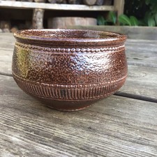 Vintage Brown Salt Glazed Stoneware Studio Pottery Bowl Signed Lama Barcello