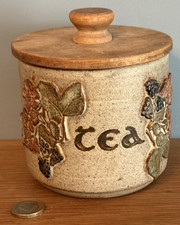 VGC Vintage Tregaron Studio Pottery Tea Caddy/Pot & wooden Lid - Floral relief