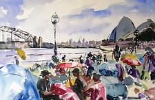 ORIGINAL watercolour  Sydney bridge opera house Australia 20"x13" Marilyn Allis