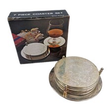 Vintage 7 Piece Silver-Plated Coaster Set Silver Drink Mats & Holder Boxed