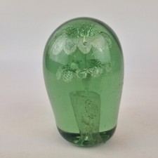 Antique 19th Century Green Glass Dump Paperweight With Double Flower In Pot