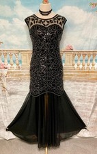 Gatsby Dress 14 M Black Silver Beaded Sequin Evening Flapper Cocktail Ballgown