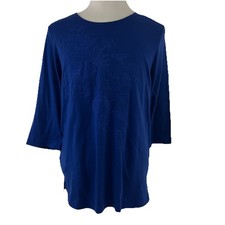 Blair Floral Embroidered Front 3/4 Sleeve Top Blue Size Large New 9509