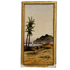 Antique framed orientalist Arab Camel Egypt landscape painting