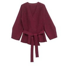 Women Knit Blazer V-Neck Long Sleeve Belted Office Coat Jacket UK