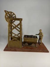 Brass Model of Miner Coal Cart and Pit Head on Wooden Plinth Vintage Collectable