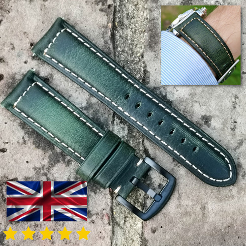 Green leather watch strap band - leather,