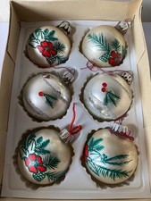 Vintage West German Mercury Glass Holly and Pine Decorated Painted Glass Baubles