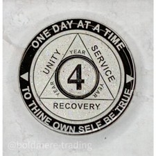 4 Year Alcoholics Anonymous Medallion White Silver Plated AA Sobriety Chip Coin