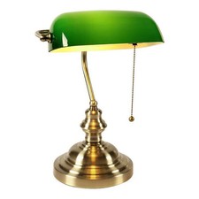 Green Banker Desk Lamp Satin Bronze Fixture Pull Chain Switch Glass Shade Light