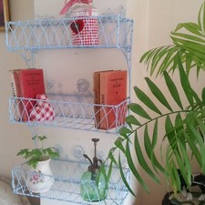 ~Pretty Vintage Wire Shabby Chic Shelf Rack~French Style~Blue Scroll~3 Shelves~