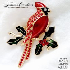Red Robin Holly Leaves Brooch
