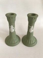 2 Wedgwood Green Jasperware Dancing hours tall Candle Stick Holders