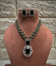 Indian Bollywood Bridal Set Silver Plated Jewelry Earrings CZ Ethnic AD Necklace