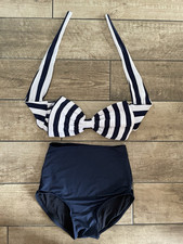 New Retro Bikini Size S UK 8 10 High Waisted Bow Padded Striped Nautical Navy