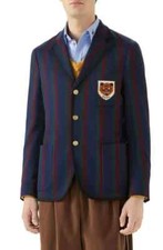 Gucci Mens Blue Green Burgundy Striped Tiger Patch Blazer Jacket $2900, Size 48