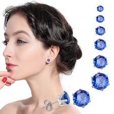 Brilliant Blue Birthstone Cubic Zirconia Crystal Stainless Steel Stud Earrings