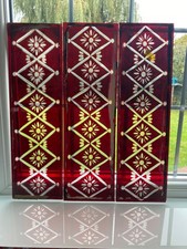 3 antique Ruby Red cut to clear rectangular window glass Panels panes