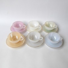 6 vintage Arcopal France glass opalescent Harlequin cups saucers. Pastels opale