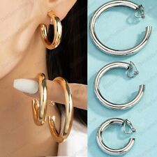 CLIP ON thick 3cm 4cm 5cm HOOP EARRINGS smooth plain SILVER/GOLD fashion HOOPS