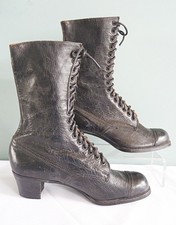 Antique Victorian Boots Lace Up Black Leather Ladies Shoes Calf High c1890
