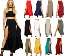 Women Ladies Double Side Slit Split Plain Black Stretchy Gypsy Maxi Long Skirt