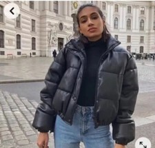 ZARA WOMAN NWT FW23 BLACK SHORT FAUX LEATHER PUFFER JACKET SIZES XS  3427/793