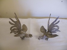 Pair Vintage Metal Fighting Cock Ornaments Silver Tone